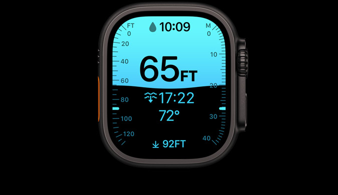 Apple Watch Ultra 4 mostrando app de mergulho com profundidade, temperatura e tempo