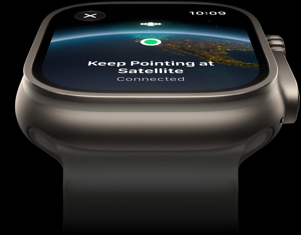 Apple Watch Ultra 4 conectando via satélite, tela mostrando localização sobre o globo